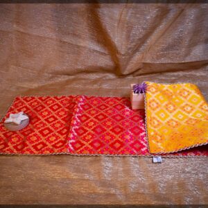 Red Yellow Silk Brocade Fabric with Geometric Floral Zari Weave