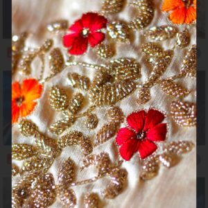 Ivory Silk Fabric with Gold Beadwork Floral Embroidery