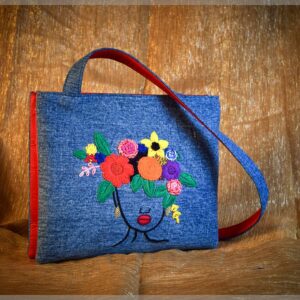 Blue Denim Handbag with Multicolor Floral Face Embroidery