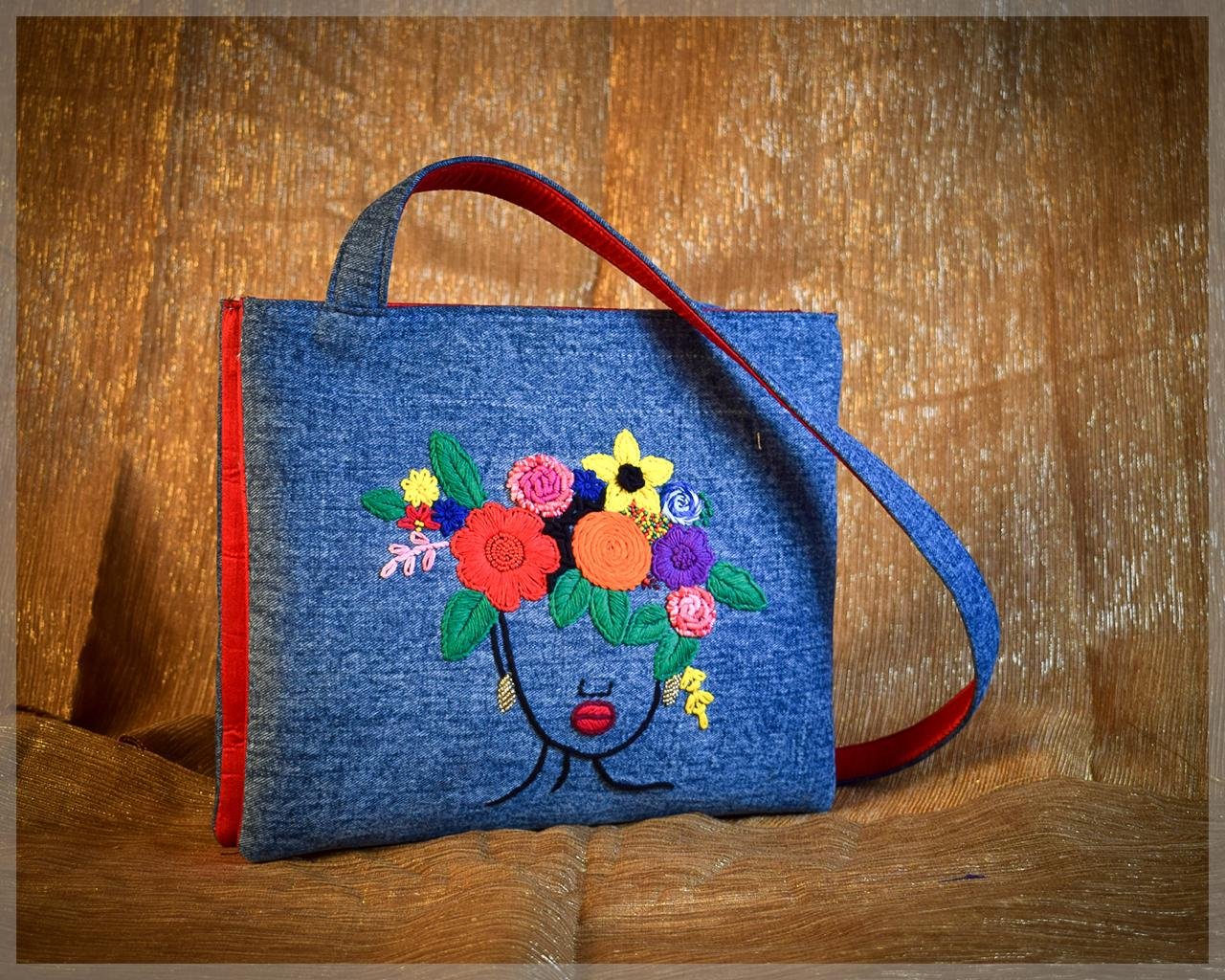 Blue Denim Handbag with Multicolor Floral Face Embroidery - Image 2