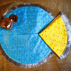 Blue Silk Table Mat Set with Mirror Work and Silver Fringe