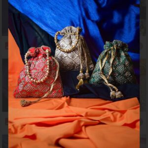 Silk Potli Bag with Heavy Gold Zari Embroidery and Beaded/Pearl Handle