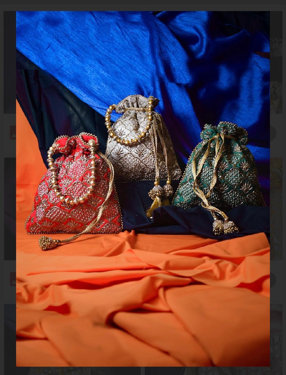 Silk Potli Bag with Heavy Gold Zari Embroidery and Beaded/Pearl Handle