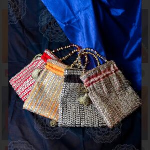 Gold Silk Potli Bag Set with Beaded Handles and Tassel Detailing
