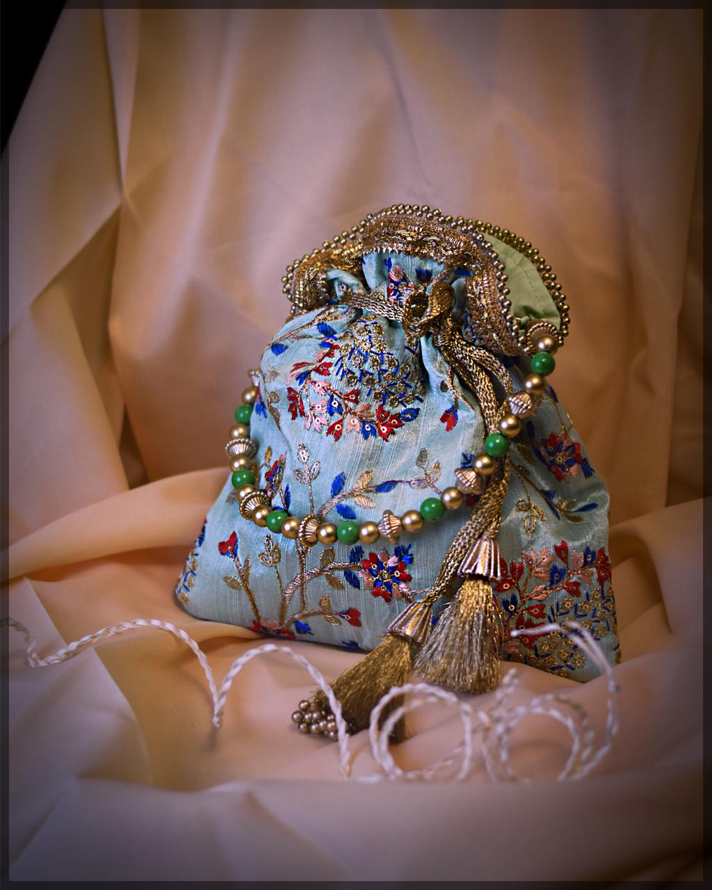 Silk Potli Bag with Floral Zari Embroidery
