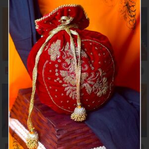 Red Velvet Potli Bag with Gold Floral Embroidery and Pearl Handle