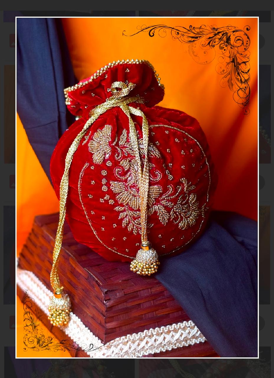 Red Velvet Potli Bag with Gold Floral Embroidery and Pearl Handle