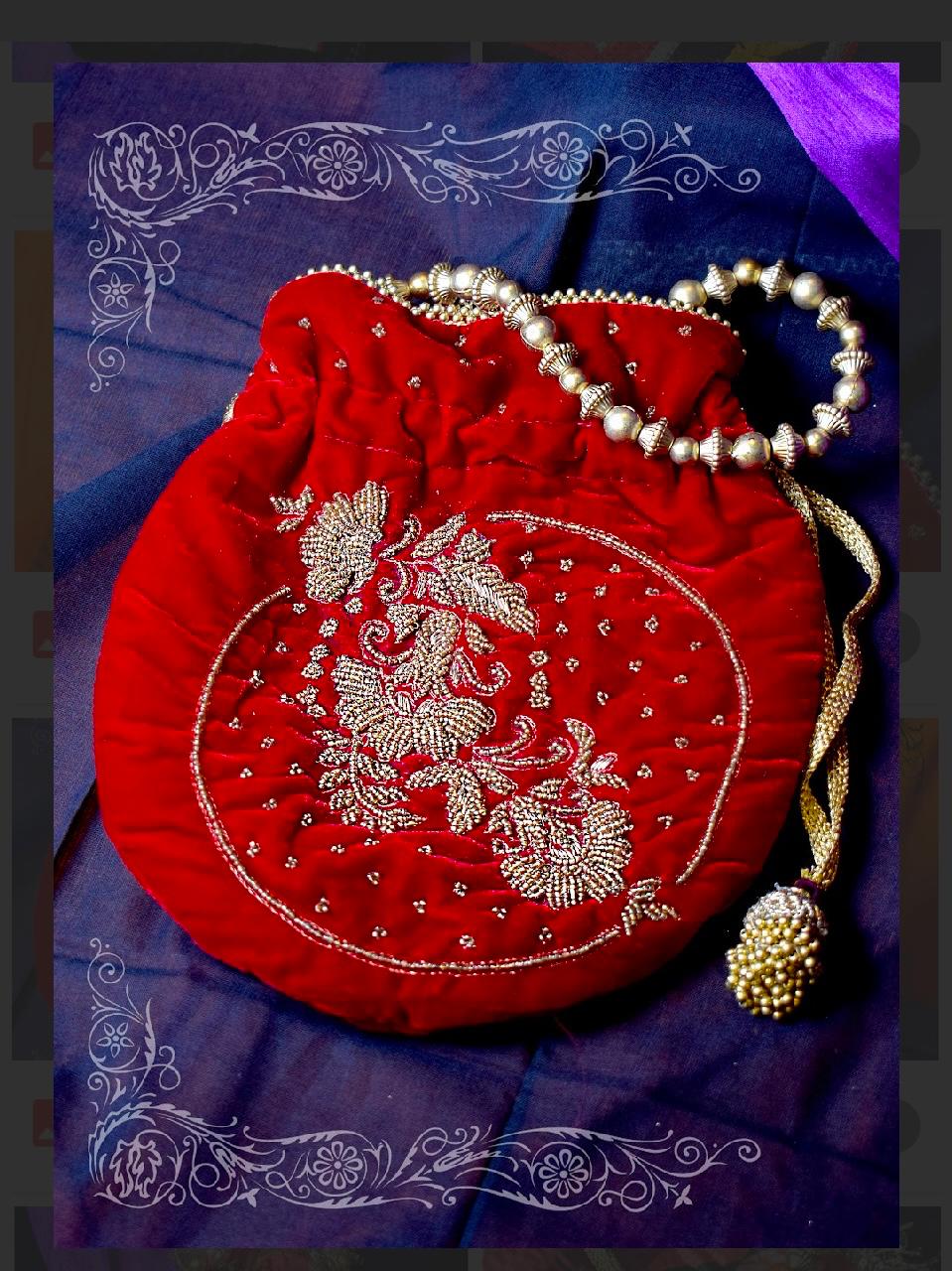 Red Velvet Potli Bag with Gold Floral Embroidery and Pearl Handle - Image 2
