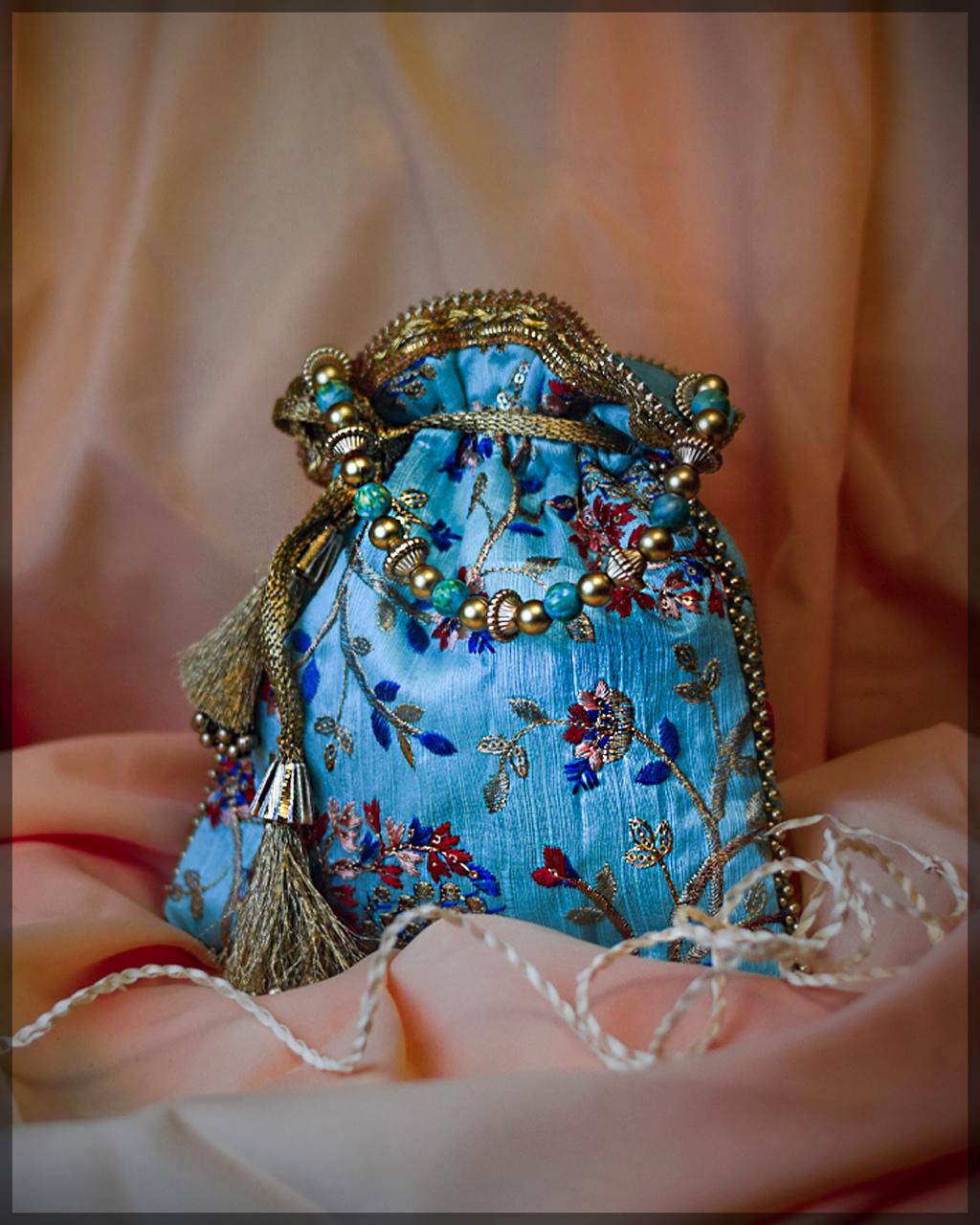 Silk Potli Bag with Floral Zari Embroidery - Image 2