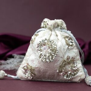 Elegant Ivory Silk Potli Bag with Floral Sequin Embroidery