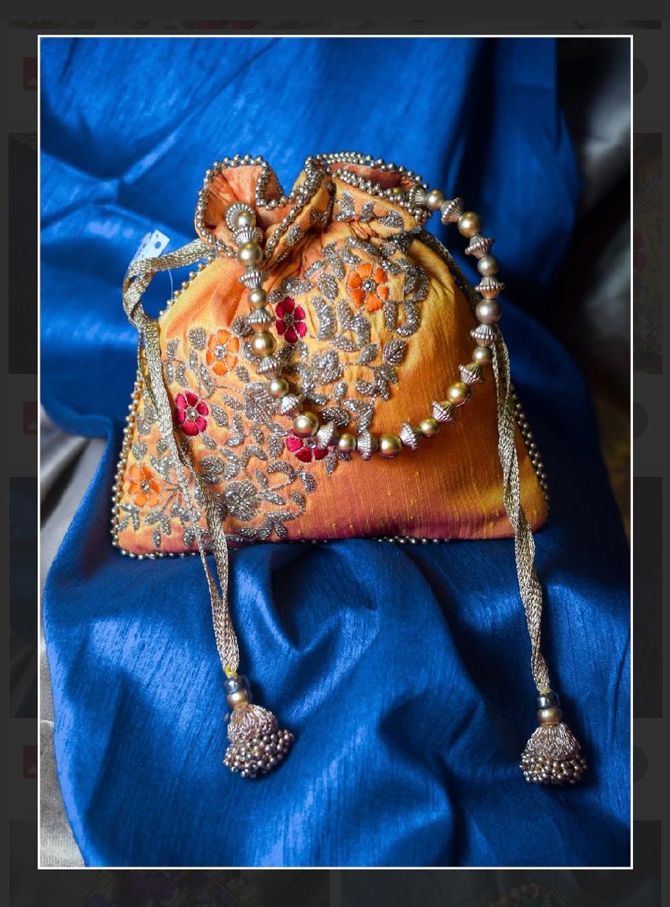 Silk Potli Bag with Floral Zari Embroidery - Image 4