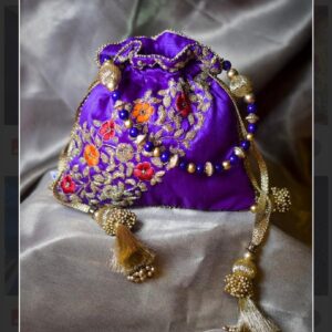 Silk Satin Potli Bag with Floral Zari Embroidery and Multicolor Threadwork