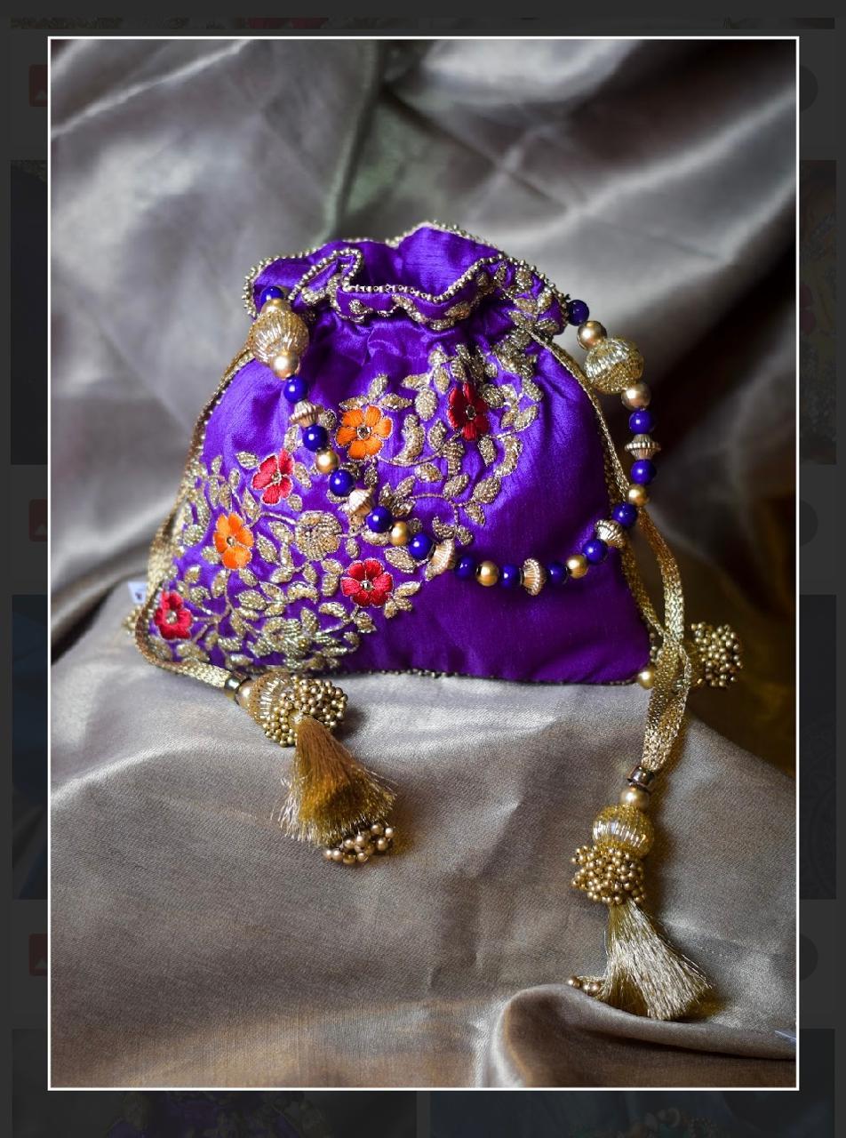 Silk Satin Potli Bag with Floral Zari Embroidery and Multicolor Threadwork