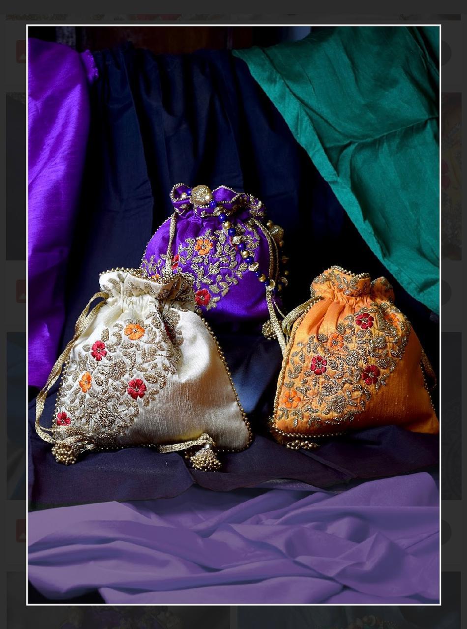 Silk Satin Potli Bag with Floral Zari Embroidery and Multicolor Threadwork - Image 2