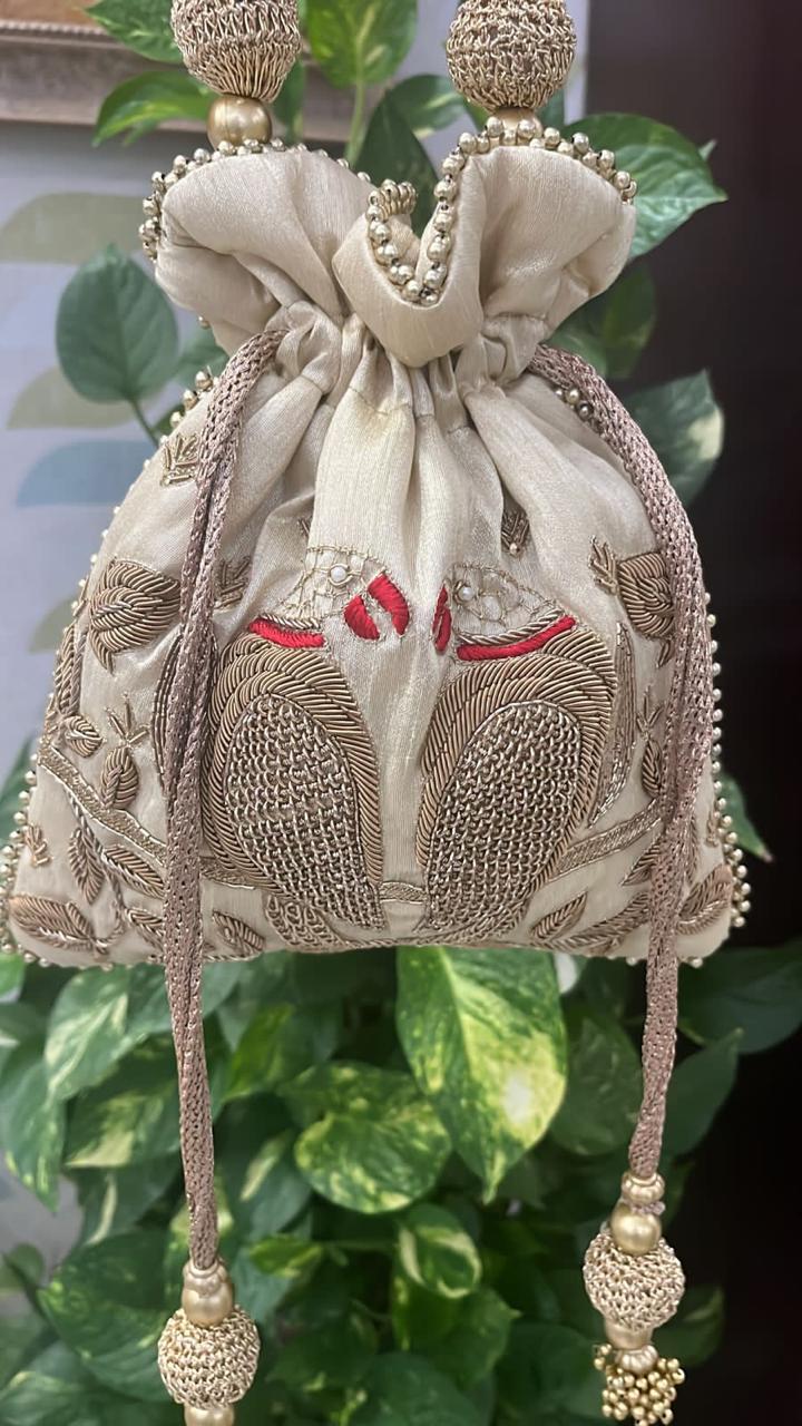 Silk Potli Bag with Bird Zari Embroidery