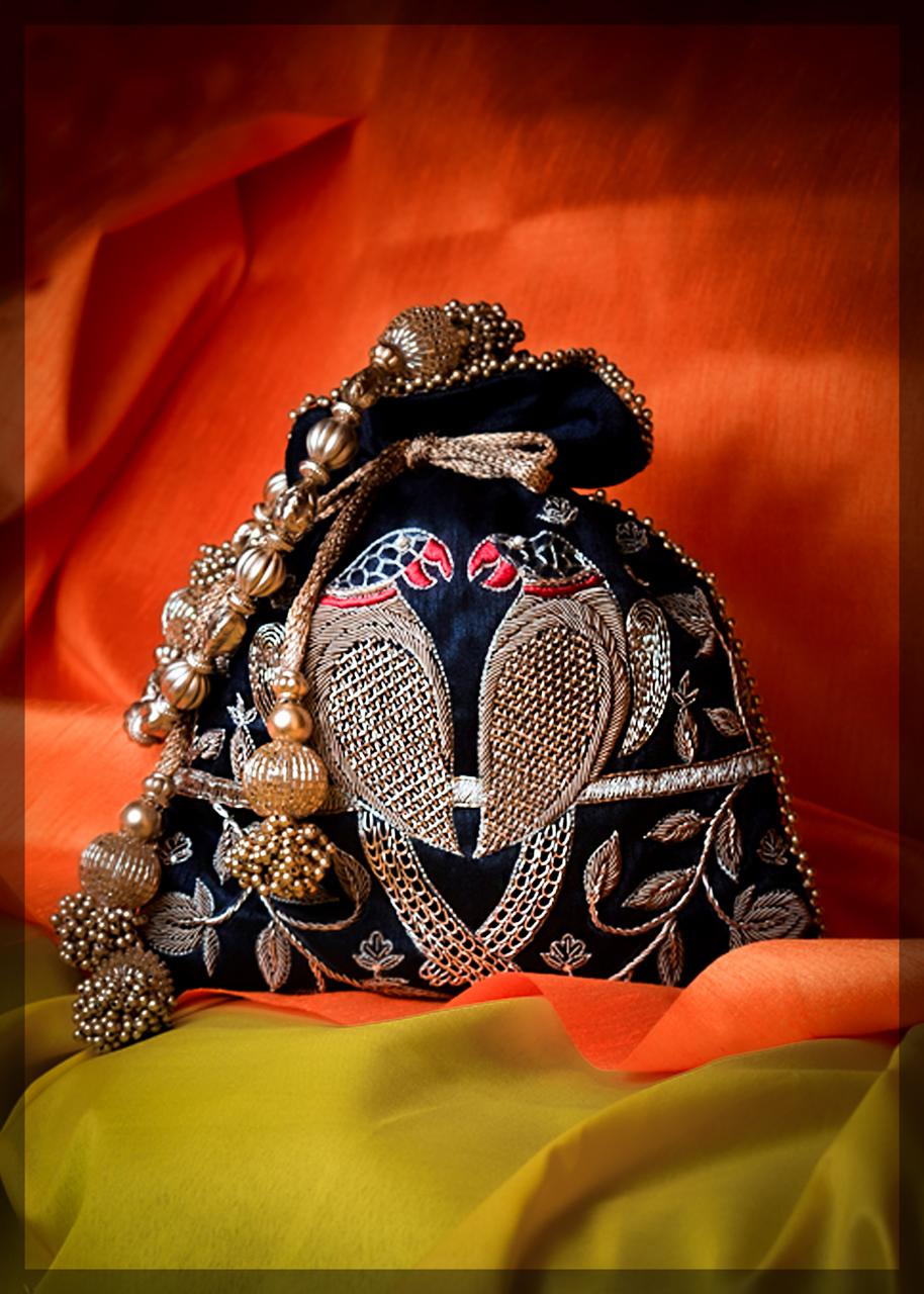 Silk Potli Bag with Bird Zari Embroidery - Image 3