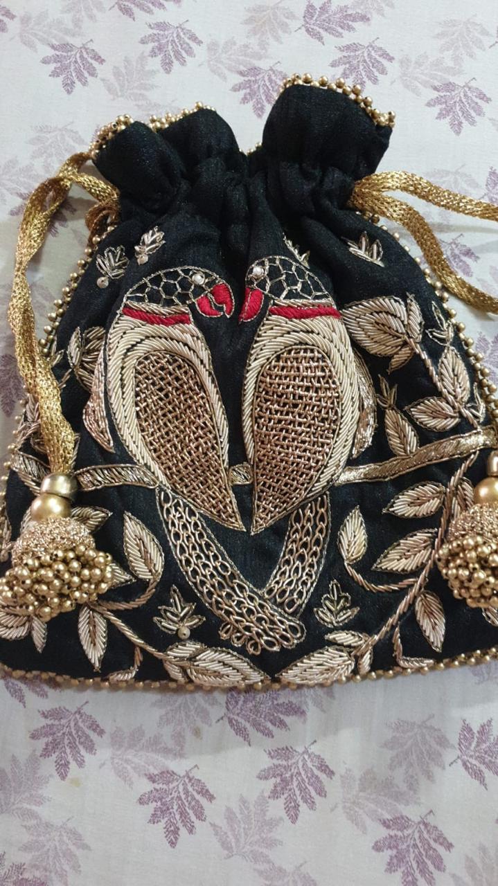Silk Potli Bag with Bird Zari Embroidery - Image 4
