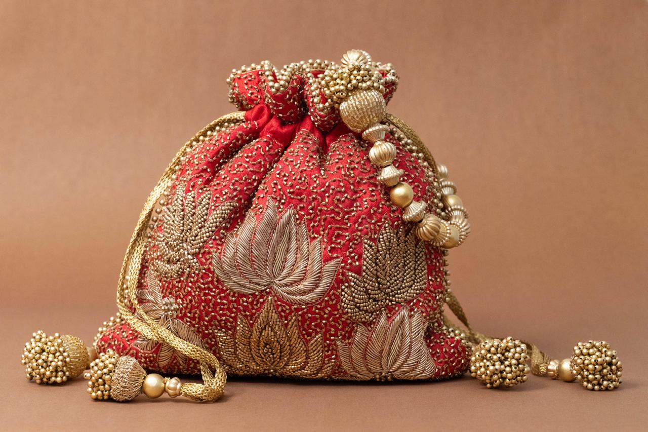 Silk Potli Bag with Lotus Zari Embroidery