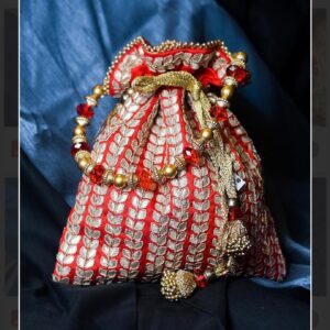 Silk Brocade Potli Bag with Gold Zari Woven Leaf Pattern and Beaded Handle