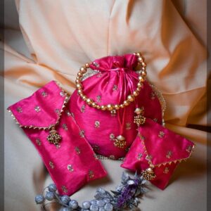 Pink Silk Potli Bag Set with Pearl Handle and Gold Zari Buti Work