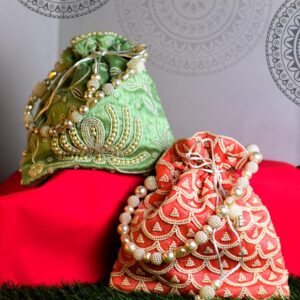 Coral Silk Potli Bag with Pearl Bead Embroidery
