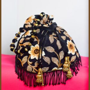 Black Silk Potli Bag with Floral Zari Embroidery