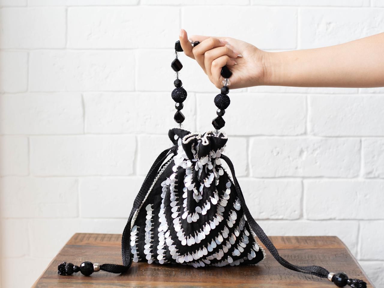 Satin Potli Bag with Chevron Sequin Embellishment and Beaded Handle - Image 3