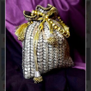 Silver Brocade Potli Bag with Gold Bead Tassels