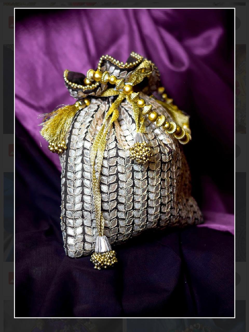 Silver Brocade Potli Bag with Gold Bead Tassels