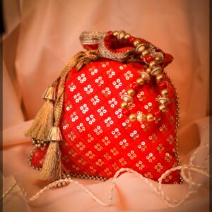 Red Silk Potli Bag with Floral Buti Print and Beaded Handle