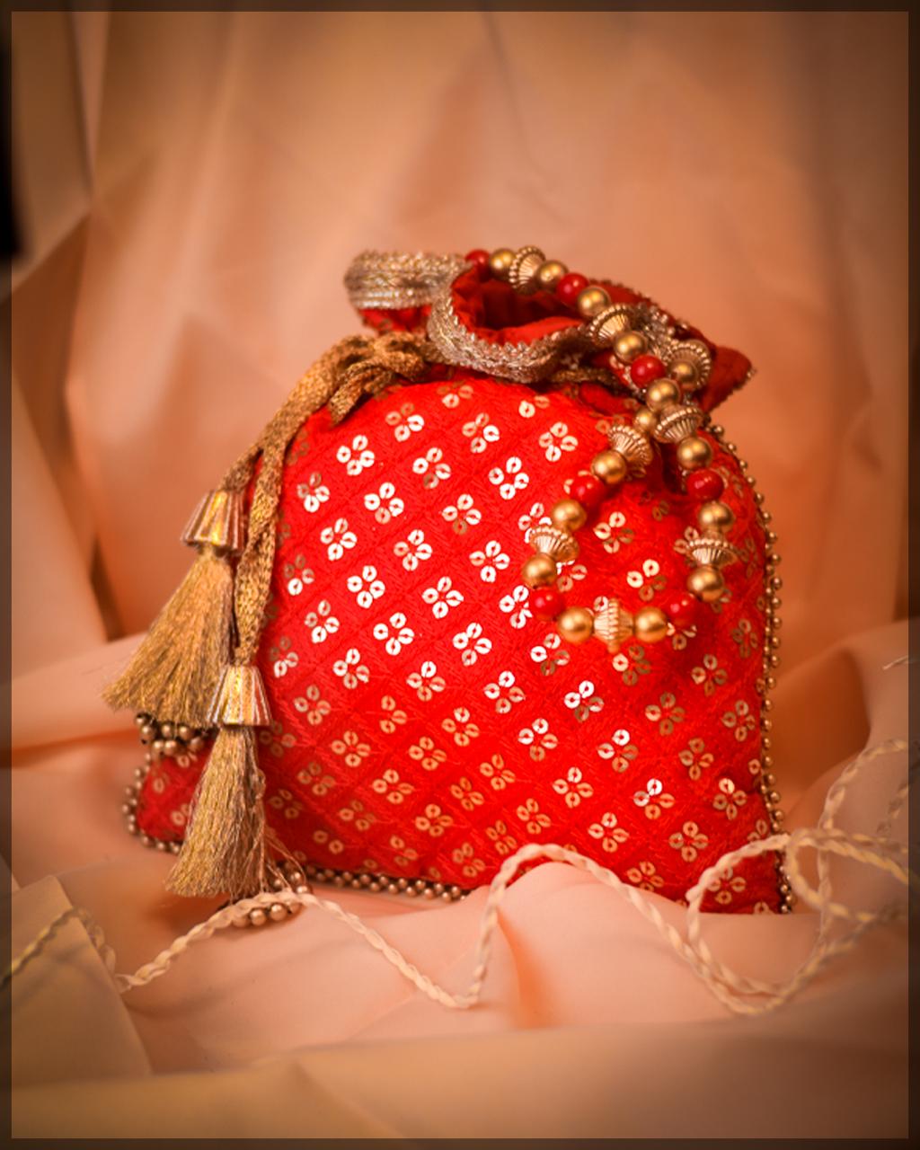 Red Silk Potli Bag with Floral Buti Print and Beaded Handle