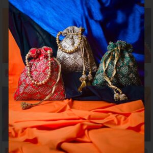 Multicolor Embroidered Silk Potli Bag Set with Beaded Handles