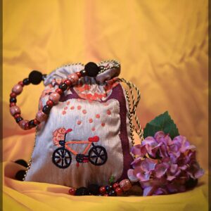 Silver Satin Potli Bag with Embroidered Bicycle Motif and Beaded Handle