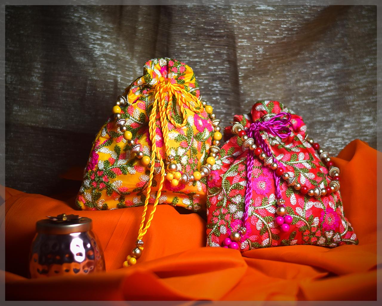 Silk Potli Bag with Floral Zari Embroidery - Image 5