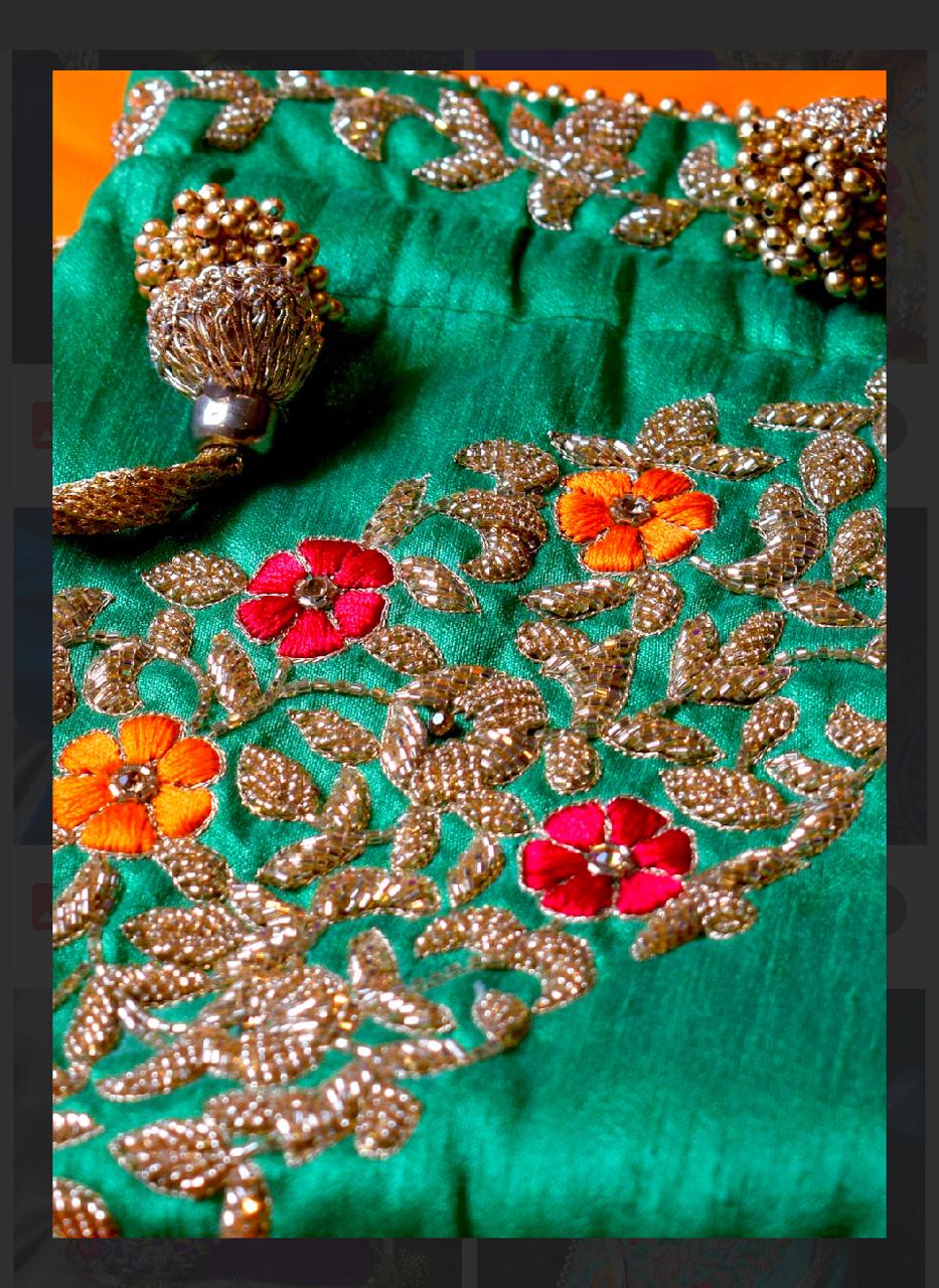 Silk Satin Potli Bag with Floral Zari Embroidery and Multicolor Threadwork - Image 4