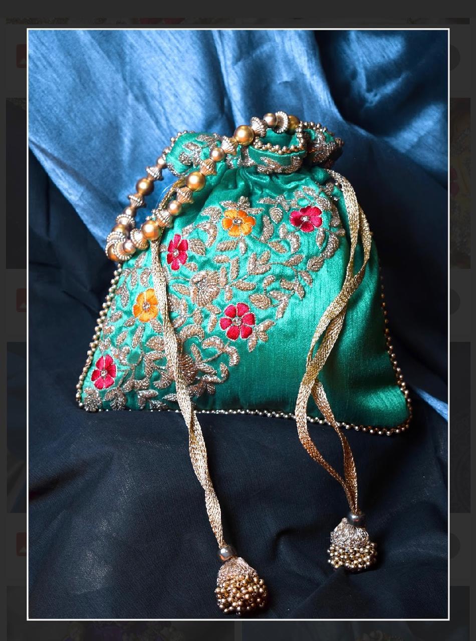 Silk Potli Bag with Floral Zari Embroidery - Image 6
