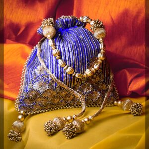 Royal Blue Silk Potli Bag with Gold Floral Sequin Embroidery