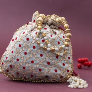 Silver Silk Potli Bag with Gold Embroidery and Red Polka Dots