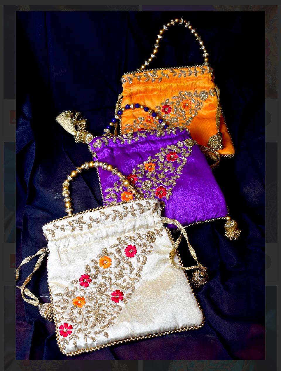 Multicolor Silk Potli Bag Set with Floral Zari Embroidery