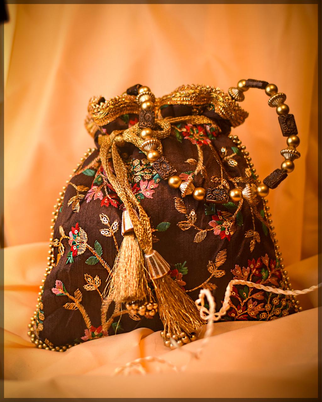 Silk Potli Bag with Floral Zari Embroidery - Image 7