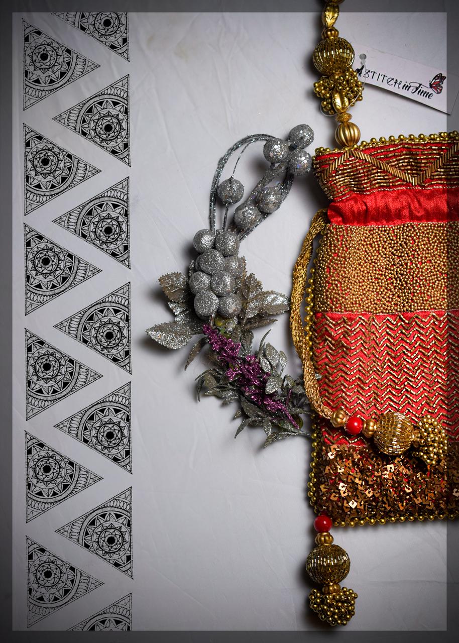 Satin Potli Bag with Chevron Sequin Embellishment and Beaded Handle - Image 6