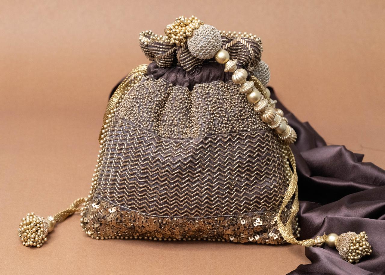 Satin Potli Bag with Chevron Sequin Embellishment and Beaded Handle - Image 4
