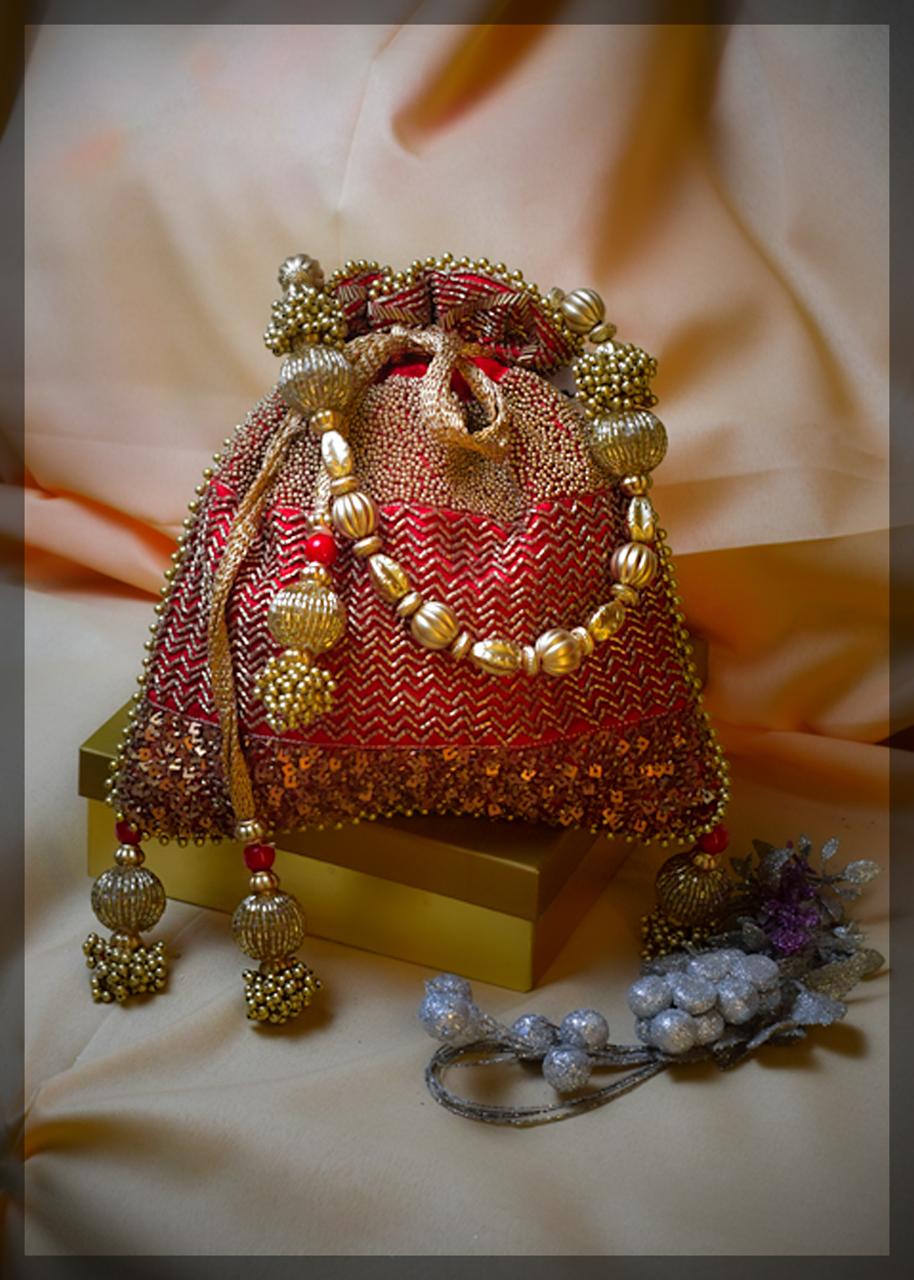 Satin Potli Bag with Chevron Sequin Embellishment and Beaded Handle - Image 5