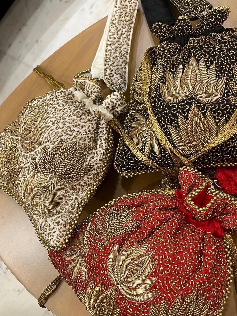 Silk Potli Bag with Lotus Zari Embroidery - Image 2