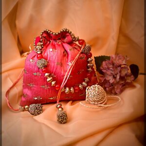 Pink Silk Potli Bag with Beaded Handle and Sequin Embellishments