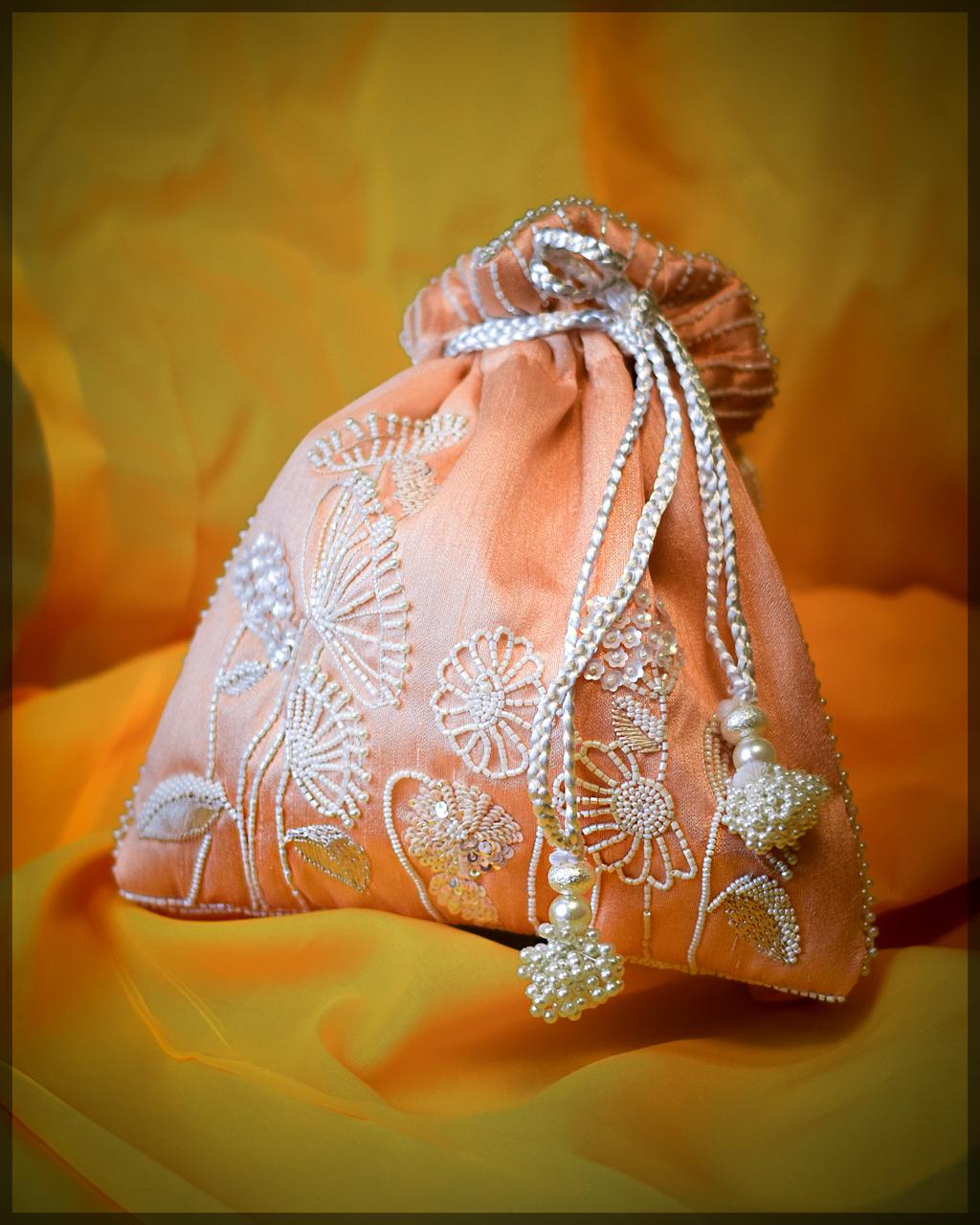 Silk/Satin Potli Bag with Floral Bead Embroidery