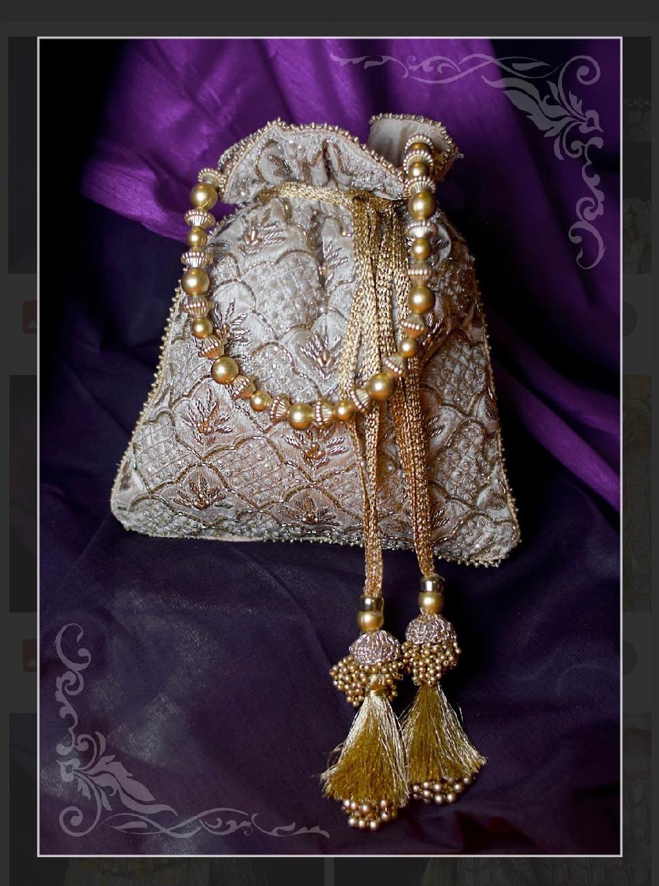 Silk Potli Bag with Heavy Gold Zari Embroidery and Beaded/Pearl Handle - Image 2