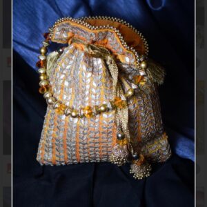 Orange Silk Potli Bag with Silver Embroidery and Beaded Handle