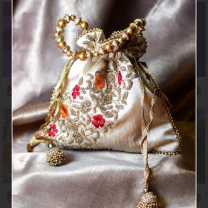 Ivory Silk Potli Bag with Gold Floral Zari Embroidery