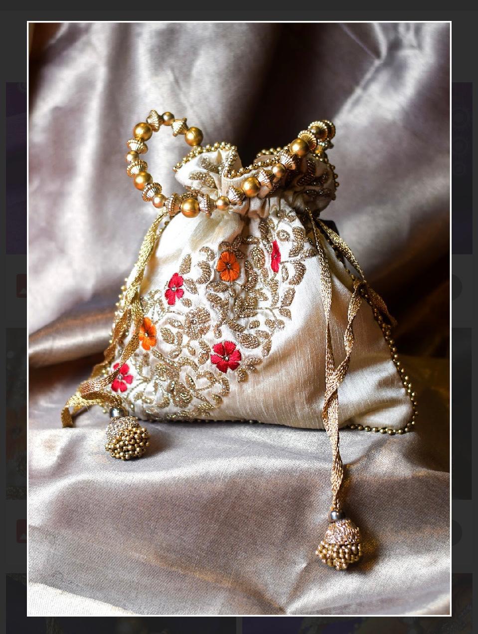 Ivory Silk Potli Bag with Gold Floral Zari Embroidery